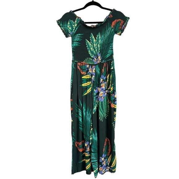 NWT Patrons of Peace Tropical Palm Leaf Print Off Shoulder Surplice Smocked Ruff - Picture 8 of 16